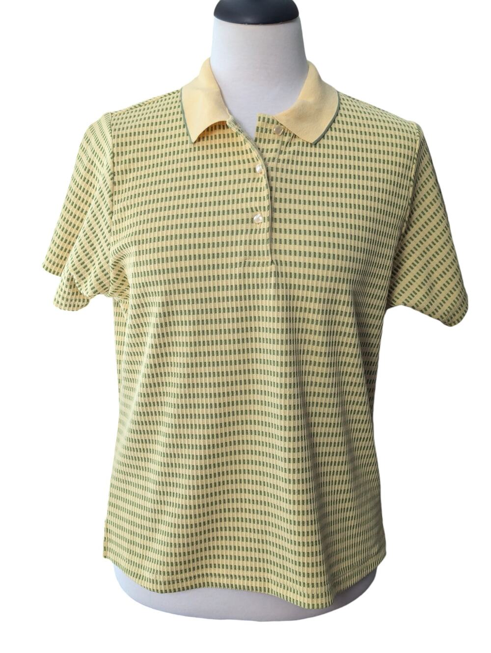 Vintage Lily's of Beverly Hills M Short Sleeve Polo Yellow & Green Ribbed Design